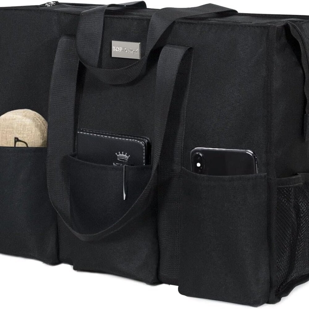 Utility Water Resistant Tote Bag with 13 Pockets, Top Zipper Closure & Thick Bot